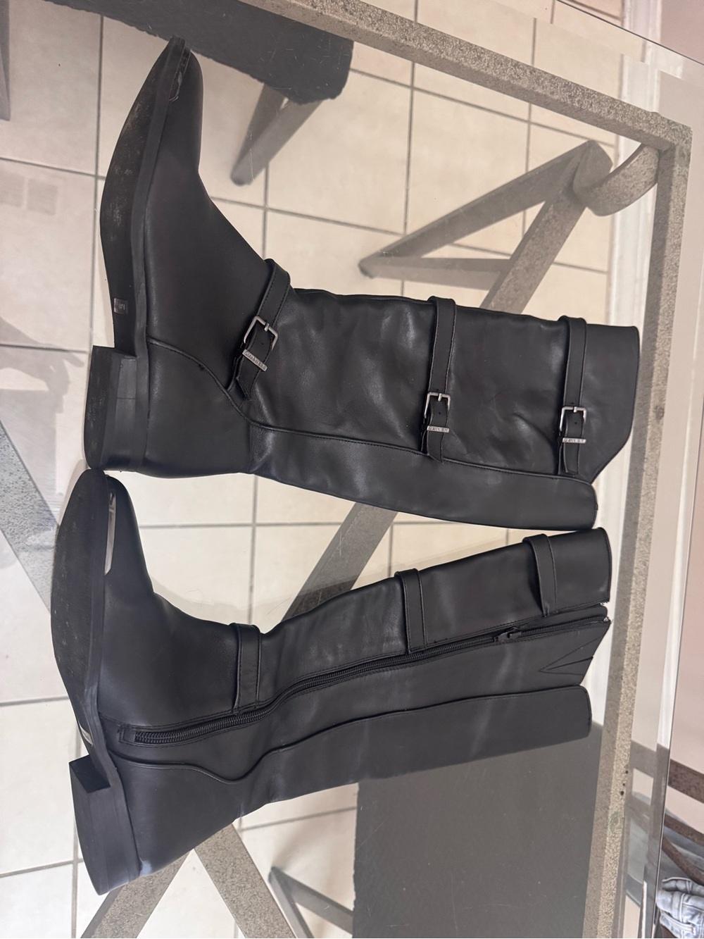 Gianni Bini Black Leather Knee High Riding Boots Moto Buckle Zip Goth Punk 8M